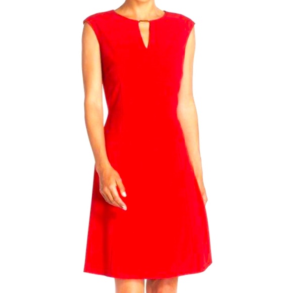 Tahari candy apple red ASL mid length dress keyhole opening in front size 8 - Picture 1 of 6